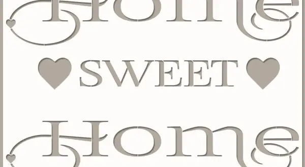 Texte "Home Sweet Home" en lettres bâton stylisées, avec des cœurs et des volutes.