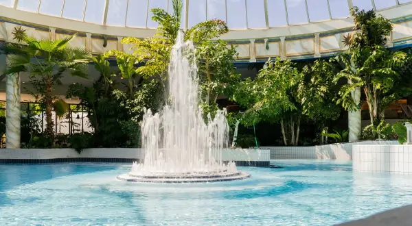 Ein tropischer Poolbereich mit einem sprudelnden Brunnen und Palmen unter einem Glasdach. Perfekt für einen entspannten Urlaub in Hessen.