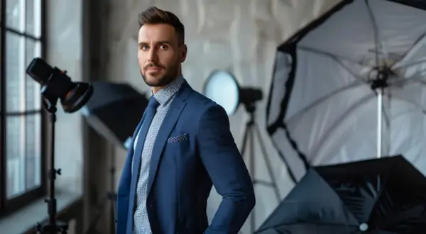 Elegancki mężczyzna w garniturze pozuje w studiu fotograficznym. W tle widać sprzęt oświetleniowy, idealny do stworzenia profesjonalnego packshotu i cennika.