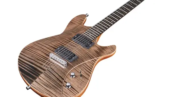 Gitara elektryczna z drewnianym korpusem i podstrunnicą na białym tle.