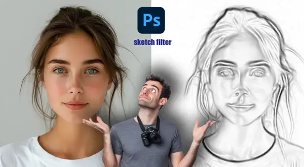 A split image shows a woman's portrait on the left and a sketch-like version on the right, created with a photoshop sketch filter. A man with a camera looks up in wonder.