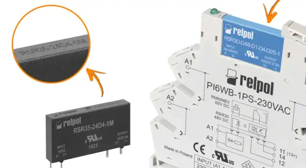 Relpol RSR35-24D4-5M, mały przekaźnik SSR, idealny do precyzyjnych zastosowań. Obok modułowy przekaźnik P16WB.