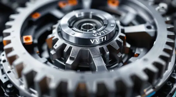Precyzyjne koło zmiennych faz rozrządu VVTi, kluczowy element silnika, z widocznymi zębatkami i detalami mechanicznymi.