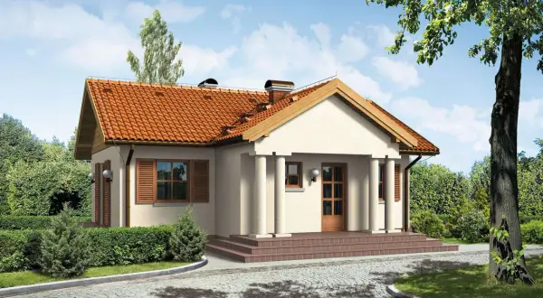 Uroczy dom w stylu dworkowym, z werandą wspartą na kolumnach i czerwoną dachówką. Idealny przykład projektów domów dworkowych.