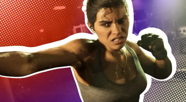 Aggressive Kämpferin im **GTA 6 Gameplay**. Sie ist bereit für den Kampf, mit angespannten Muskeln und entschlossenem Blick.