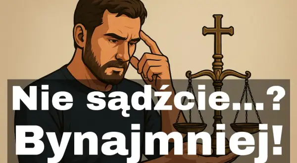 Zamyślony mężczyzna z wagą sprawiedliwości. Napis: "Nie sądźcie... Bynajmniej!".