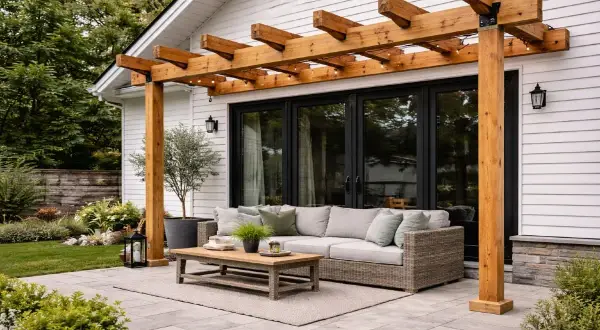 En nybyggd träpergola ger skugga och mysbelysning till en befintlig altan med soffgrupp.