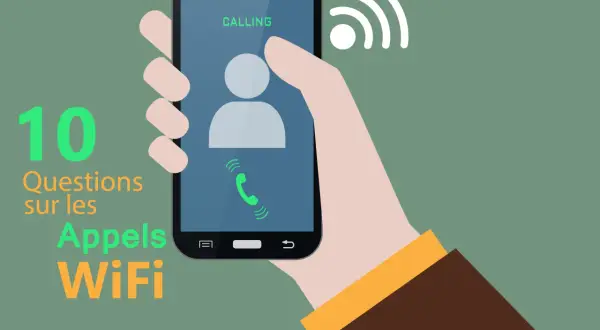 Main d'une personne tenant un téléphone portable affichant "CALLING" avec un symbole WiFi. Le texte "10 Questions sur les Appels WiFi" est visible.