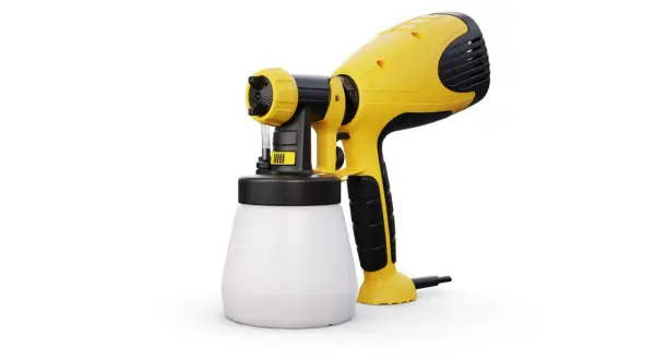 Pistola a spruzzo gialla e nera con serbatoio bianco. La tecnologia HVLP significa alta efficienza, basso volume, per una verniciatura precisa.