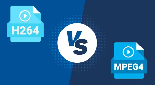 H.264 vs. MPEG4: A visual comparison of video compression formats, with icons representing each and a "VS" in the center.