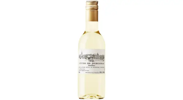 Bouteille de vin blanc Côtes de Bergerac Moelleux avec une étiquette illustrée.