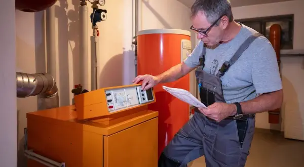 Tecnico controlla la caldaia, documentazione alla mano, per stimare il costo manutenzione caldaia.