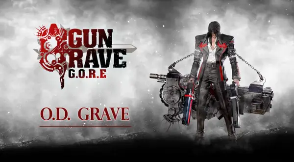 O.D. Grave z gry Gungrave G.O.R.E, z charakterystycznym płaszczem i potężną bronią.