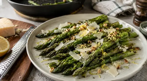Délicieuse recette d'asperges vertes poêlées, garnies de copeaux de parmesan, de pignons de pin et de zeste de citron. Un plat simple et savoureux.