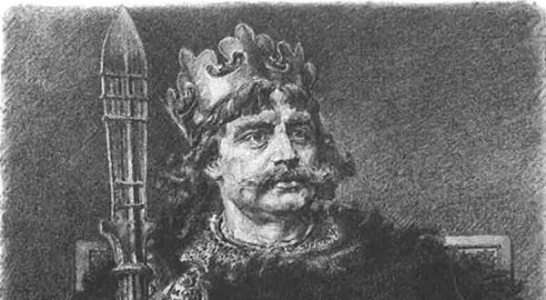 Portret Bolesława Chrobrego, pierwszego króla polskiego, z koroną i berłem.