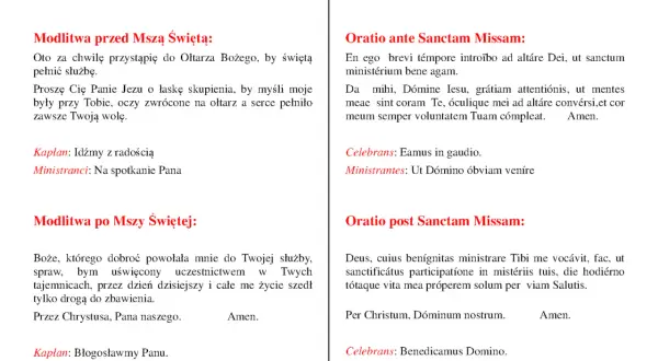 Modlitwa przed Mszą Świętą: prośba o skupienie i wypełnienie woli Bożej. Tekst zawiera modlitwy kapłana i ministrantów.