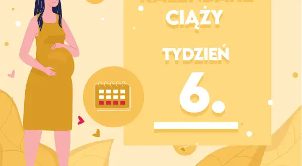 Kobieta w żółtej sukience, z widocznym brzuszkiem, symbolizuje 6 tydzień ciąży. Obok kalendarz i napisy "KALENDARZ CIĄŻY TYDZIEŃ 6.".