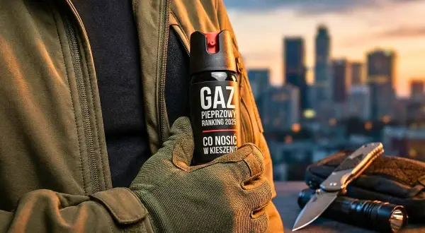 Ręka w rękawiczce trzyma puszkę gazu pieprzowego na tle miasta.