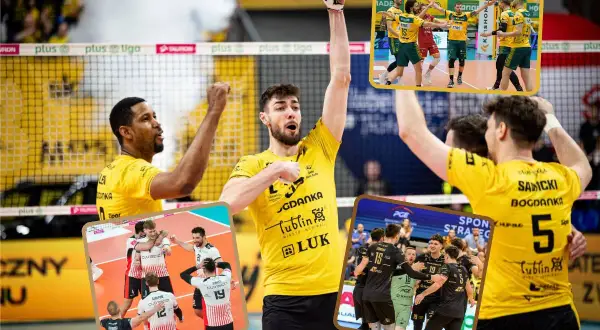 Siatkarze świętują zwycięstwo w Plus Lidze. Emocje po meczu play-off, radość drużyny w żółtych strojach.