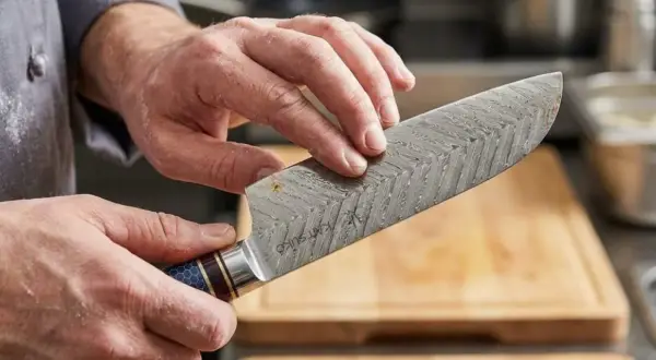 Hände reinigen ein Damastmesser, um Rost von Messer entfernen. Das Muster auf der Klinge ist deutlich sichtbar.