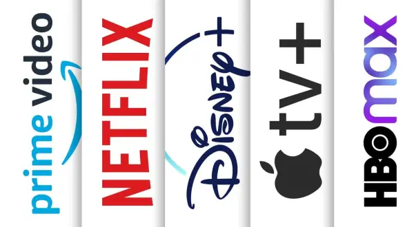 Loga serwisów streamingowych: Prime Video, Netflix, Disney+, Apple TV+ i HBO Max.