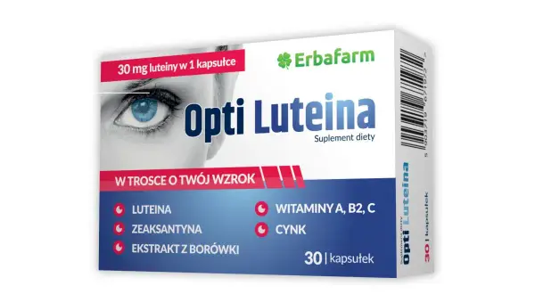 Opakowanie suplementu diety Opti Luteina, zawierającego luteinę i zeaksantynę, dla zdrowia oczu. 30 kapsułek.