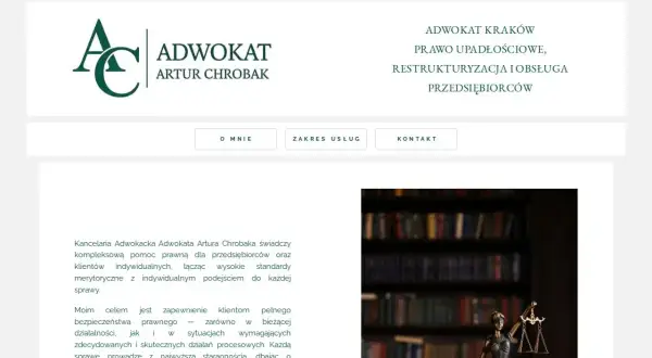 Logo kancelarii adwokackiej z literami "AC", napis "ADWOKAT ARTUR CHROBAK" i zdjęcie Temidy.