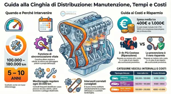 Illustrazione di un motore con la cinghia di distribuzione in evidenza, che spiega la sua funzione vitale, i tempi di sostituzione e i costi. La distribuzione è fondamentale per il corretto funzionamento del motore.