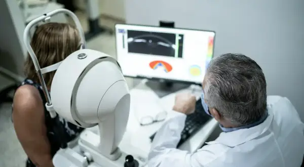 Lekarz analizuje wyniki angiografii fluoresceinowej pacjentki na monitorze.