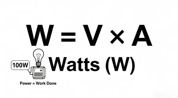 Wzór W=V×A, żarówka 100W i napis Watts (W).