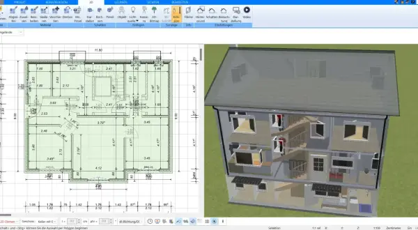 Grundriss und 3D-Ansicht eines Hauses mit Details zur Elektroinstallation.