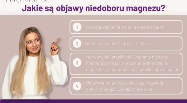 Kobieta wskazuje na objawy niedoboru magnezu: mrowienie, drżenie powiek, nerwowość, lęk.