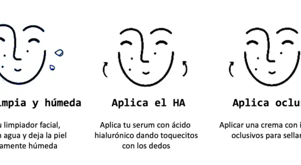 Rutina para piel radiante: limpia, aplica serum con ácido hialurónico para hidratar y sella con crema oclusiva.