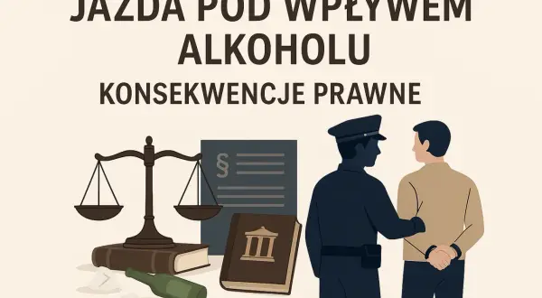 Jazda po alkoholu to poważne wykroczenie, grozi za nią 178a kk. Ilustracja pokazuje zatrzymanie przez policję, wagę sprawiedliwości i kodeks.