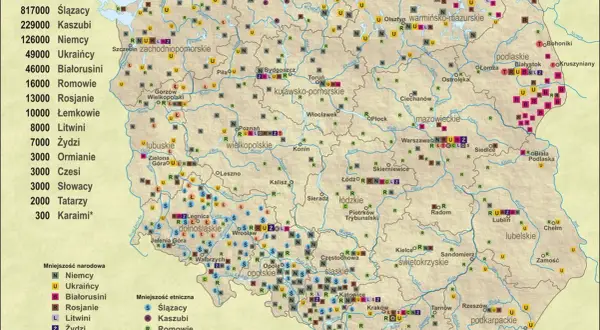 Mapa Polski z zaznaczonymi skupiskami mniejszości narodowych i etnicznych, ukazująca rozmieszczenie mniejszości etnicznych w Polsce.