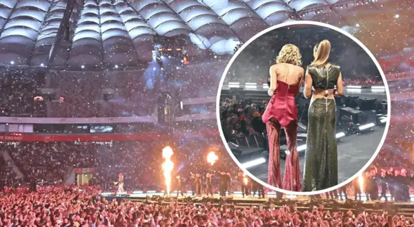 Koncert PGE Narodowy w deszczu konfetti. Dwie artystki w błyszczących strojach na scenie, tłum fanów w ekstazie.
