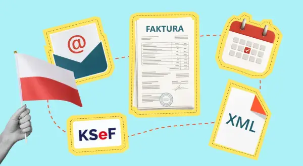 Polska flaga, faktura, koperta, kalendarz i plik XML symbolizują system KSeF.