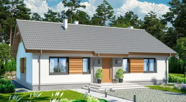 Nowoczesny, biały dom z drewnianymi elementami i szarym dachem. To tani w budowie, energooszczędny dom, idealny dla rodziny.