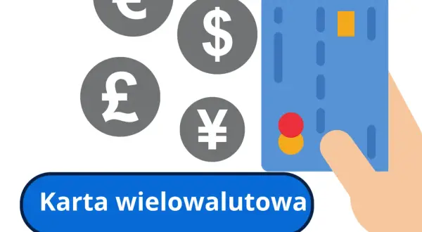 Karta wielowalutowa z symbolami euro, dolara, funta i jena. Idealna do podróży po Europie i świecie, gdzie obowiązuje euro, a także inne waluty.