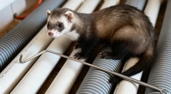 Un furet curieux, peut-être coincé dans une canalisation, observe un outil de déblocage.