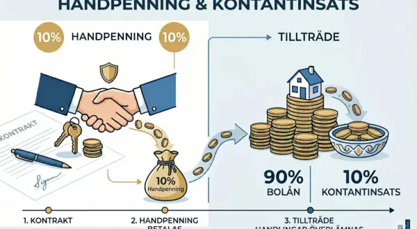 Illustration visar husköp: 10% handpenning betalas vid kontrakt, resten 90% bolån. Kontantinsats hus procent är 10%.