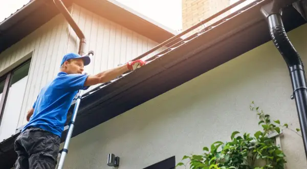 Man on ladder cleaning gutters. This task should be done at least twice a year to prevent clogs.