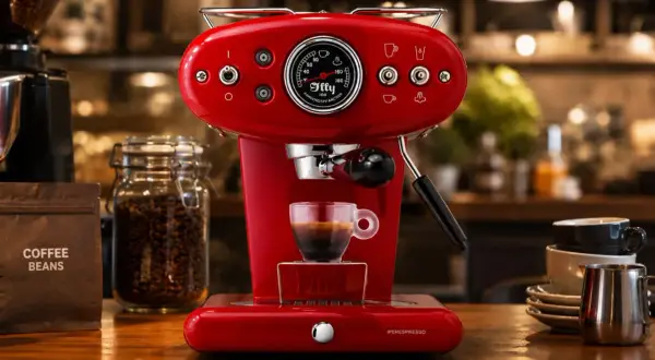 Macchina espresso rossa con tazzina di caffè. Scopri quale caffè usare per macchina espresso per un aroma perfetto.