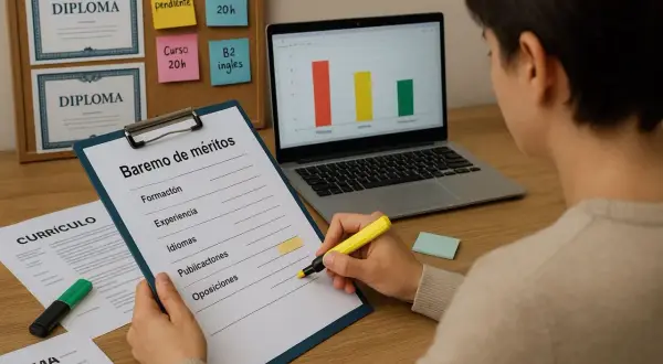 Persona revisa baremo de méritos para oposiciones, con diplomas y currículum a la vista.
