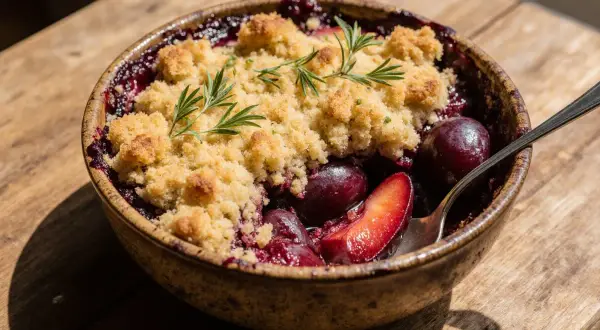 Ein warmer Zwetschgen Crumble mit knuspriger Streuseldecke und Rosmarinzweig, serviert in einer rustikalen Schale auf Holz.
