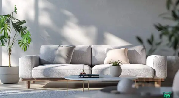 Ein hellgraues Sofa mit Kissen in Grau und Rosé. Die Frage, welche Farbe passt zu grau, wird hier elegant beantwortet: zarte Pastelltöne und Grünpflanzen.
