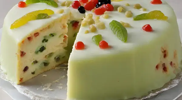 Délicieuse cassata siciliana, un gâteau traditionnel sicilien, avec sa garniture colorée de fruits confits et sa couverture verte.