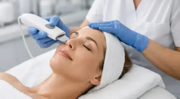 Donna riceve un trattamento di pulizia del viso con ultrasuoni. La pelle appare luminosa e rigenerata.