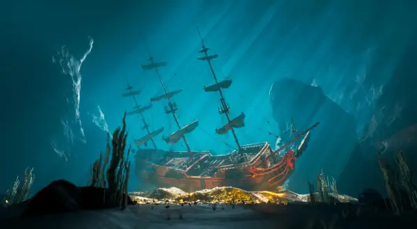Ein **gesunkenes Schiff** ruht auf dem Meeresboden, umgeben von Felsen und Seegras. Sonnenstrahlen brechen durch das Wasser und beleuchten die Szene.
