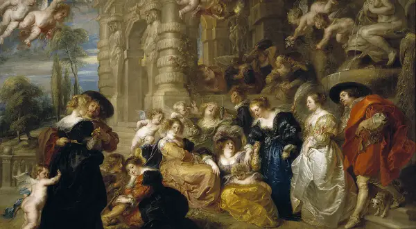 Escena mitológica con cupidos y figuras alegóricas, evocando la opulencia de los pintores de la edad moderna.